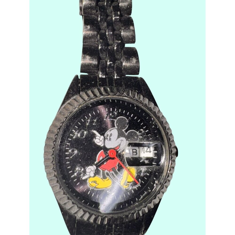 Vintage Disney Mickey Mouse Watch Black Stainless Steel Quartz Japan Movement - Picture 2 of 6
